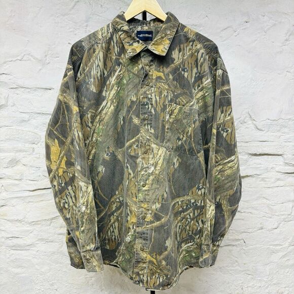 Vintage Mossy Oak Camo Button Up Shirt 2XL Shadow Branch Hunting 90s Long Sleeve - Picture 1 of 6